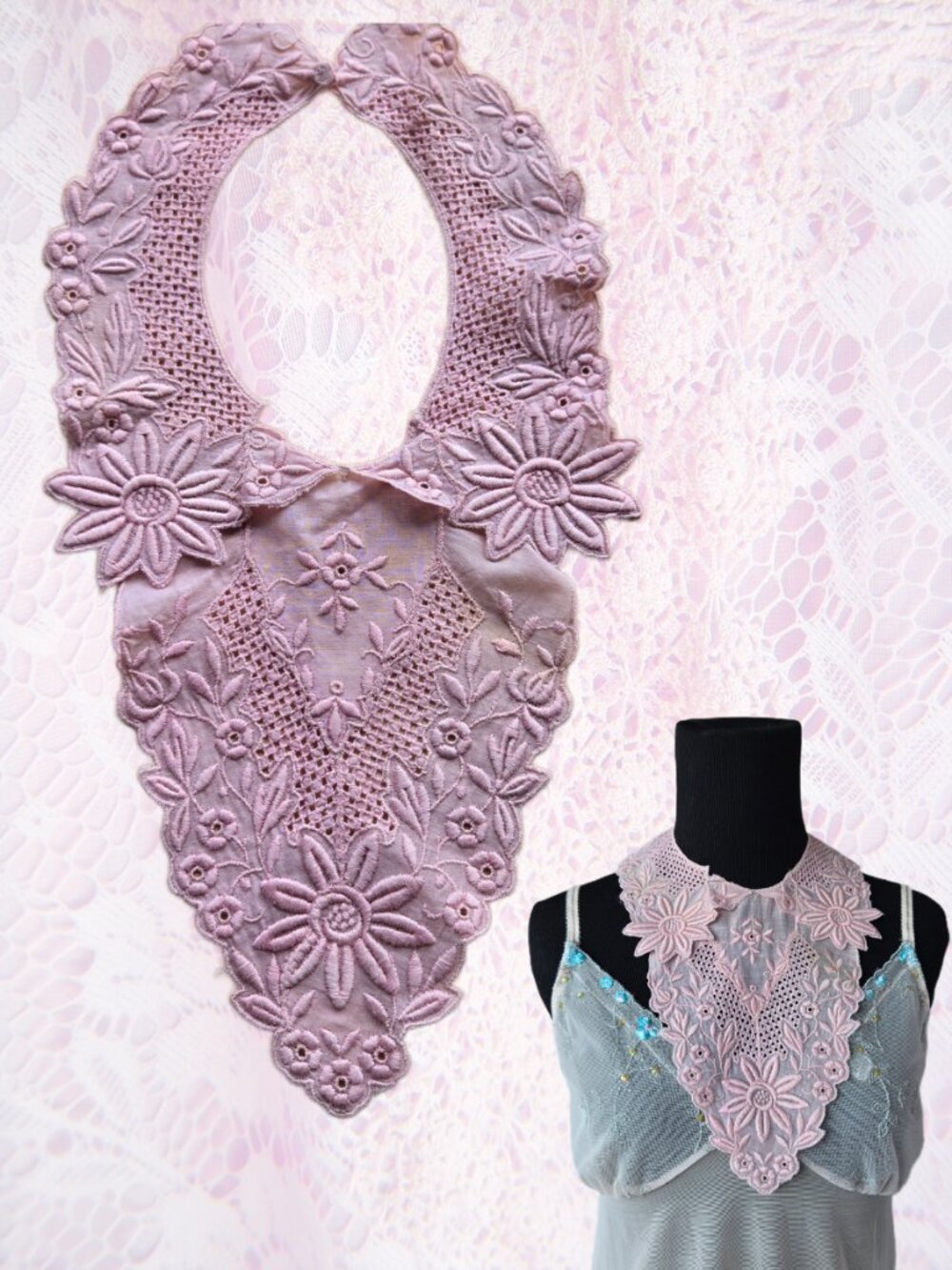 Vintage 1940s-Style Pastel Pink Embroidered Floral Collar Necklace  Cottagecore